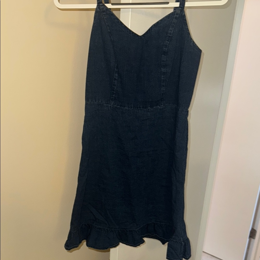 Denim Dress stretch back adjustable straps ruffle bottom.